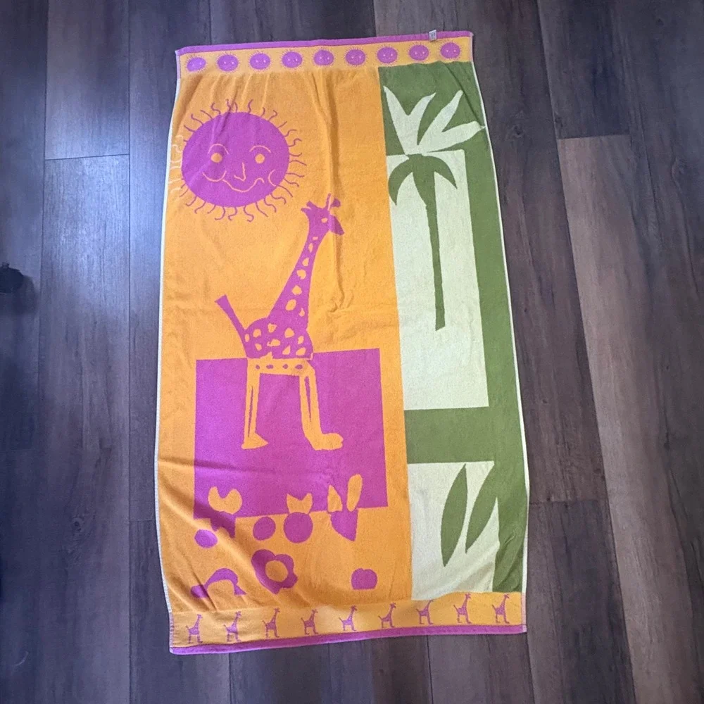 VTG Hayat Havlu Giraffe Sun Palm Tree Beach Towel Pink Orange Cotton Turkish